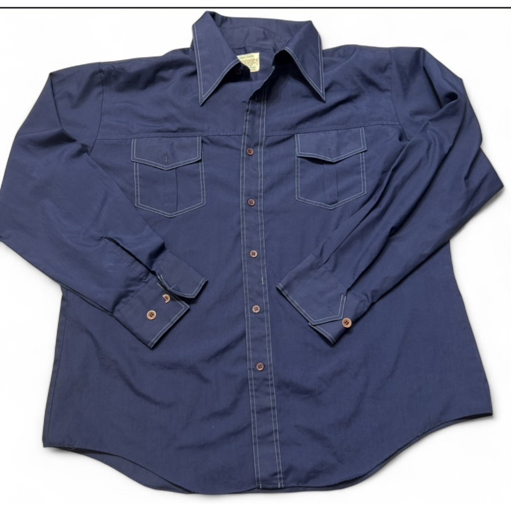 True Vintage 70s Kmart Permanent Press Western Shirt USA  XL 17 Blue Korea Rodeo